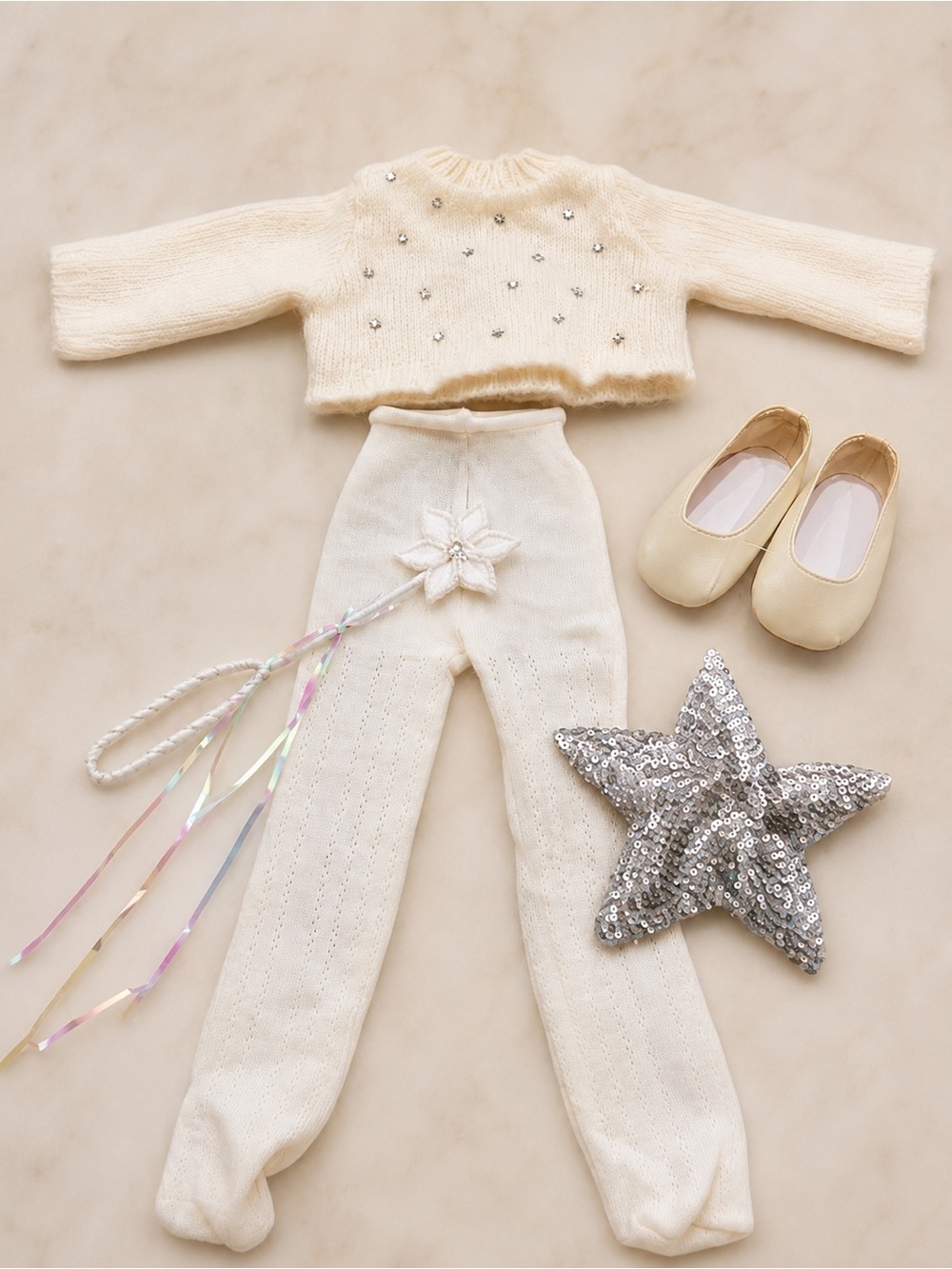 VTG American Girl Ivory Sequin Star Sweater & Tights Outfit‎ with Wand and Shoes
